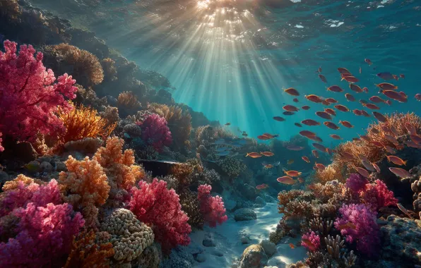 Sea, rays, light, fish, fish, the ocean, corals, underwater world