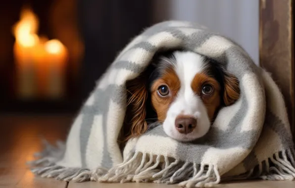 Look, portrait, dog, puppy, lies, plaid, face, AI art