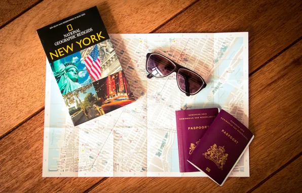 Picture map, glasses, New York, passport