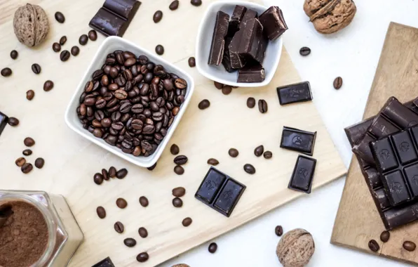 Coffee, chocolate, coffee beans, walnut, cutting Board