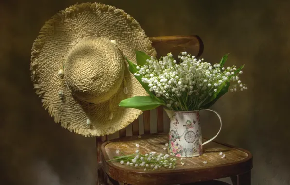 Bouquet, hat, chair, lilies of the valley