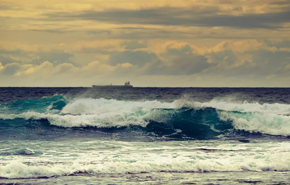 Wave, sunset, the ocean