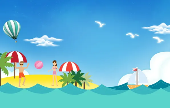 Sea, beach, summer, palm trees, people, figure, ball, sailboat
