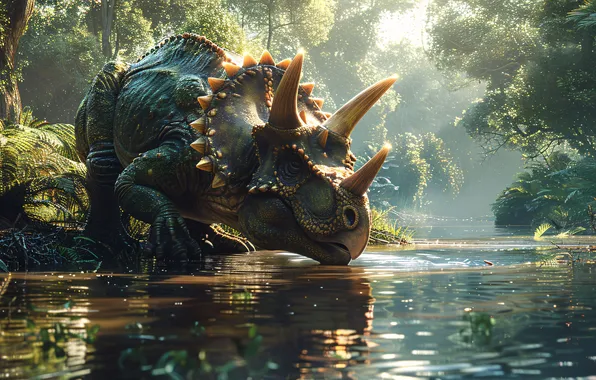 Water, Trees, Face, Dinosaur, Horns, Triceratops, Animal, Digital art