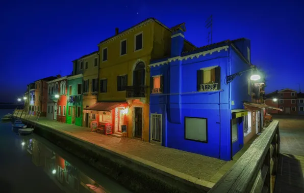 Night, lights, home, Italy, Venice, channel, Burano island