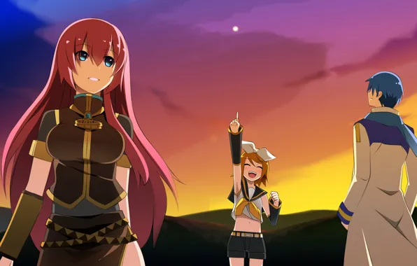 Sunset, girls, guy, Vocaloid, Vocaloid, Kaito, Kagamine Rin