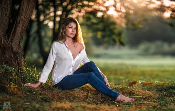Forest, grass, trees, sexy, pose, Park, model, portrait
