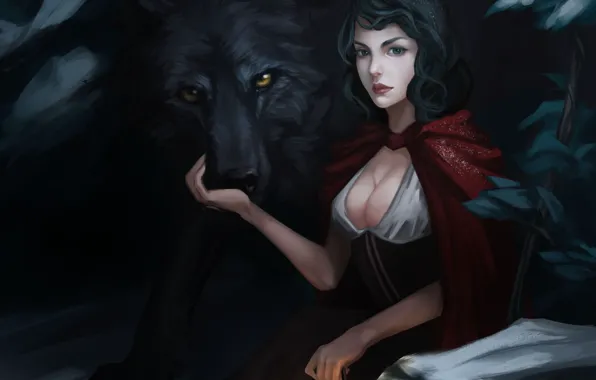 Girl, wolf, little red riding hood, art, lantern, cloak, Red Riding Hood, Marilyn Zhuang