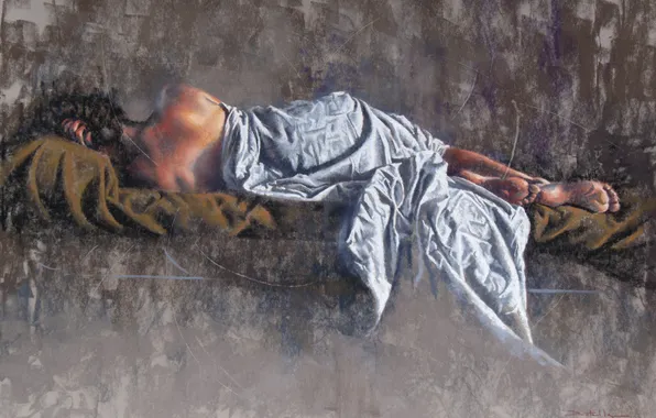 Girl, hair, back, lies, blanket, painting, Laurent Botella