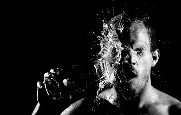 Picture man, face, black and white, glass of water