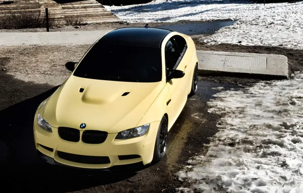 Snow, yellow, bmw, BMW, shadow, front view, e92, black\ roof