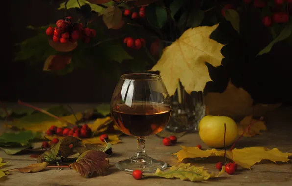 Autumn, leaves, berries, the dark background, table, wine, glass, Apple