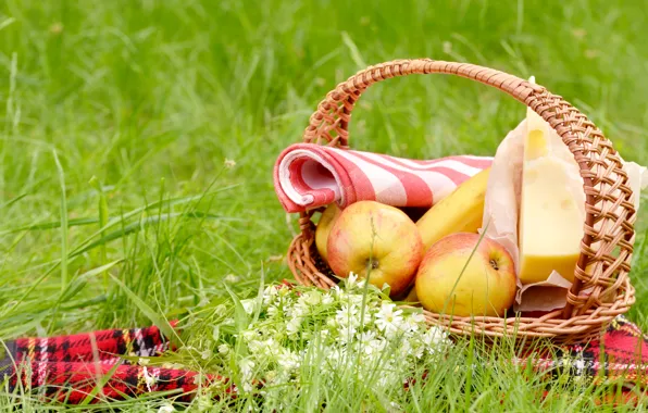 Picture greens, summer, grass, flowers, basket, glade, apples, cheese
