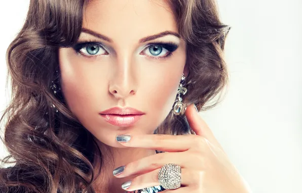 Look, face, hand, makeup, ring, hairstyle, blue eyes, gesture