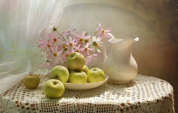 Flowers, table, background, apples, plate, curtains, vase, still life