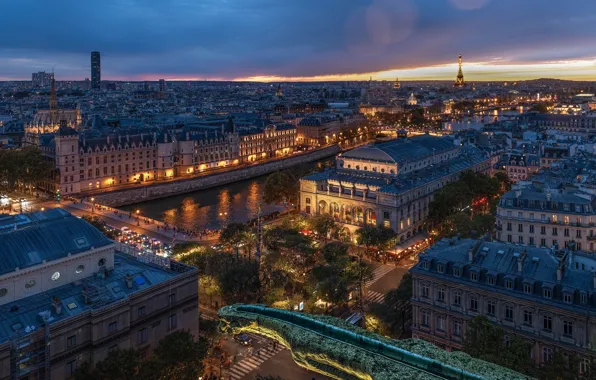 River, France, Paris, building, home, panorama, Paris, night city