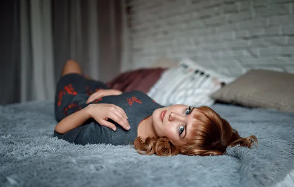 Look, girl, room, bed, pillow, dress, red, Sergey Potulny