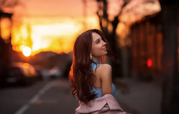 Picture girl, sunset, pose, street, hair, shoulders, bokeh, Vitaly Skitaev