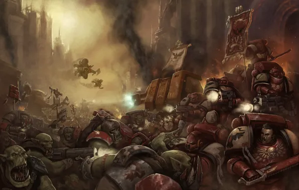 Battle, Space Marine, Warhammer 40000, Orks, Orc, space Marines, dreadnought, Blood Ravens