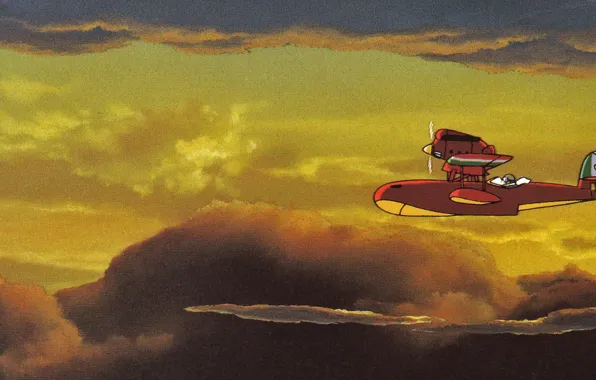 The sky, clouds, flight, the evening, the plane, Porco Rosso, by Hayao Miyazaki