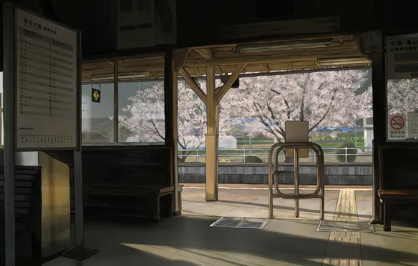 Trees, station, anime, Sakura, art, ume32ki