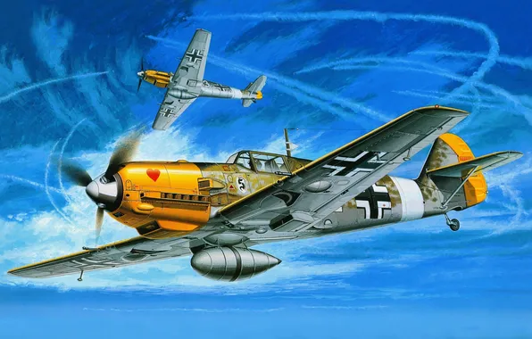 Picture the sky, aviation, the plane, fighter, art, Messerschmitt Bf-109E 7