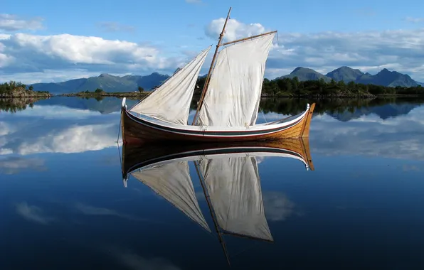 The sky, water, clouds, mountains, river, boat, sail. reflection