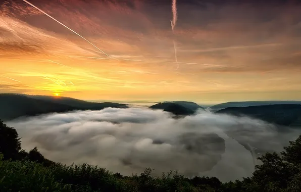 Picture the sky, sunset, mountains, fog