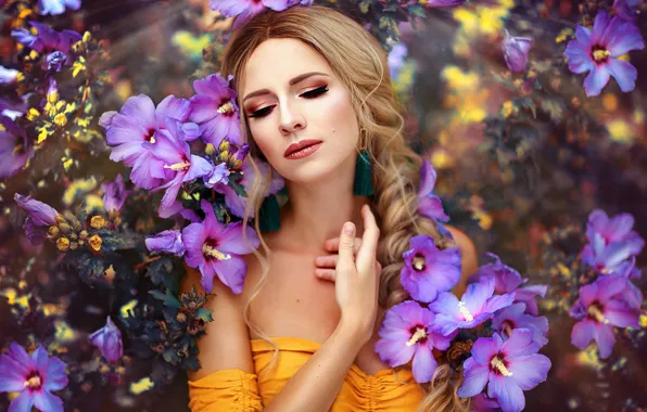 Summer, girl, light, flowers, branches, nature, face, pose