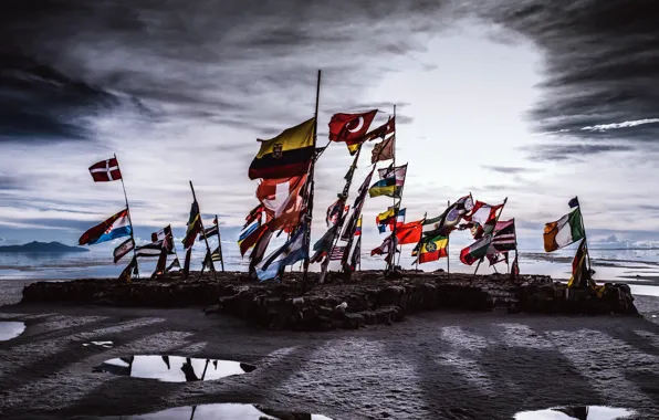 Sea, shore, flags, Antarctica