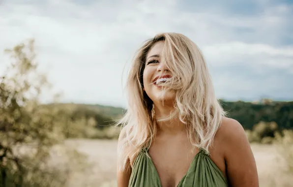 Girl, Clouds, Landscape, Smile, Women, Happy, Field, Dress