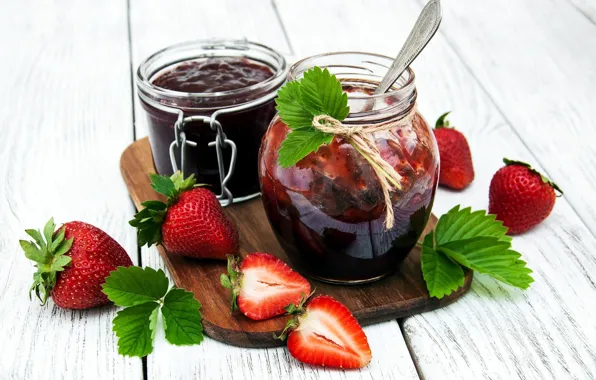 Picture berries, strawberry, jars, dessert, wood, jam, cutting Board