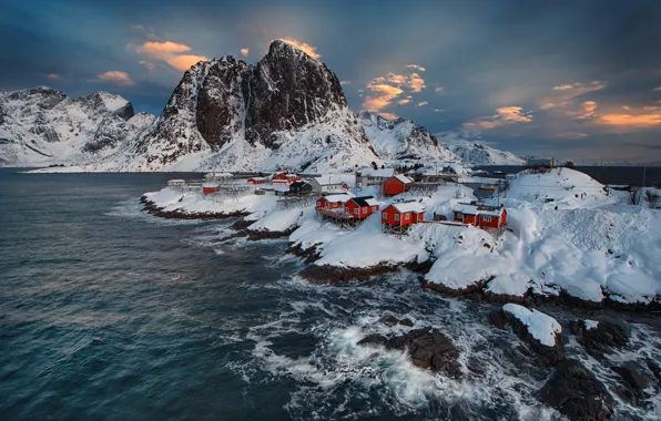 Winter, sea, the sky, mountains, home, Norway, The Lofoten Islands, Materov.