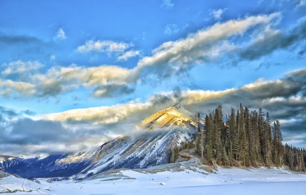 Winter, the sky, clouds, snow, trees, mountains, lake