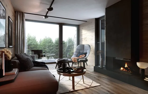 Design, style, interior, chair, Czech Republic, fireplace, sofa, living room