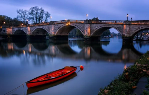 Night, boat, England, London, arch, Richmond bridge
