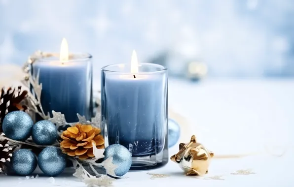 Balls, flame, candles, blue, Christmas, New year, light background, bumps