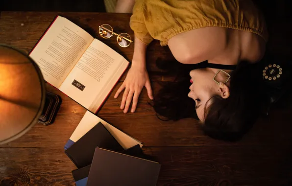 Picture girl, mood, stay, books, lamp, sleep, the situation, glasses