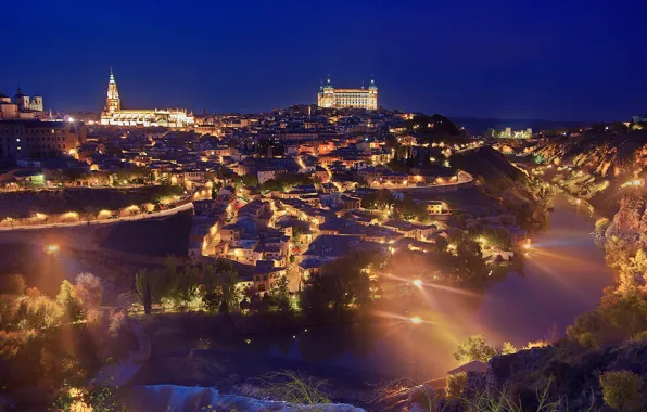 Night, lights, river, castle, tower, home, Spain, Toledo