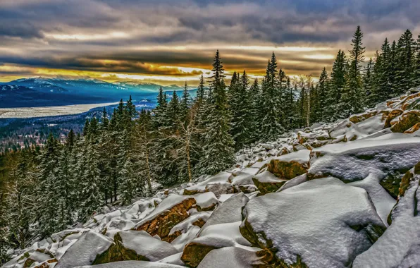 Picture winter, snow, landscape, mountains, nature, stones, slope, forest