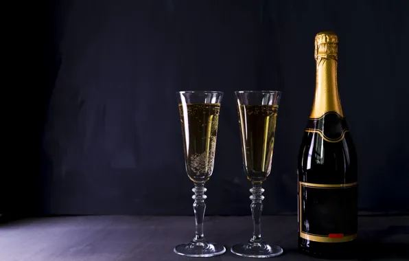 The dark background, table, holiday, wine, glass, bottle, glasses, Christmas