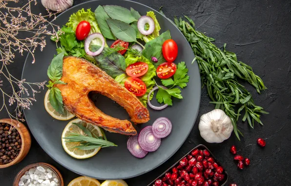 Greens, table, food, fish, plate, lemons, spices, submission