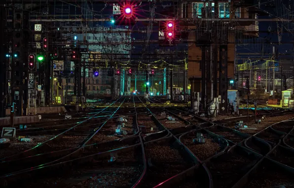 Railroad, traffic lights, power lines, train station