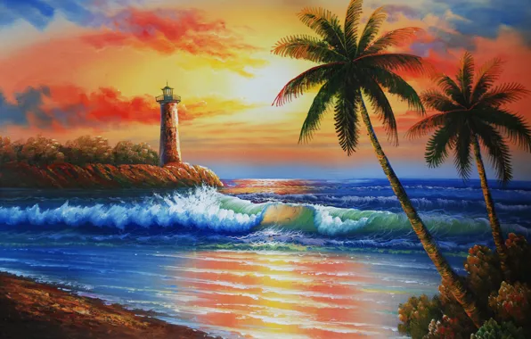 Picture sea, wave, the sky, sunset, palm trees, lighthouse, island, painting