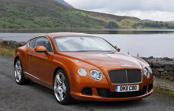 Picture mountains, orange, lake, coupe, continental, bentley, the front, Bentley