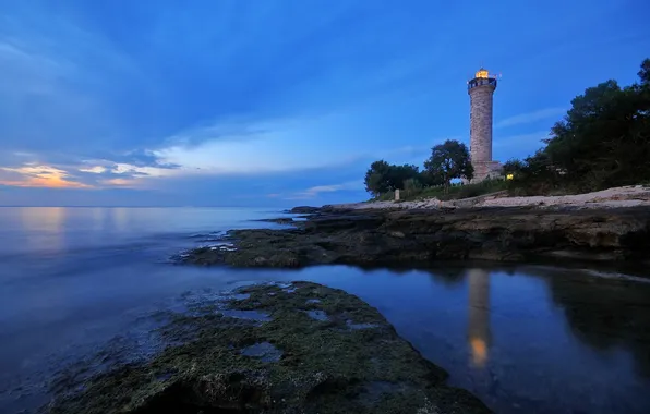 Picture sea, coast, lighthouse, the evening, Croatia, Istarska, Salvore