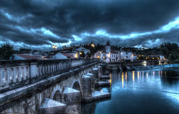 The sky, clouds, clouds, bridge, lights, river, HDR, home