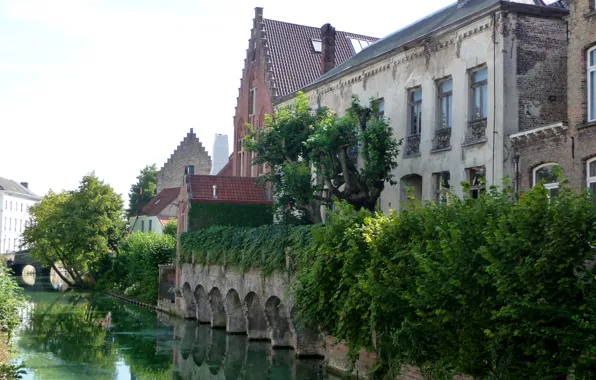 Greens, trees, bridge, home, channel, Belgium, the bushes, Bruges