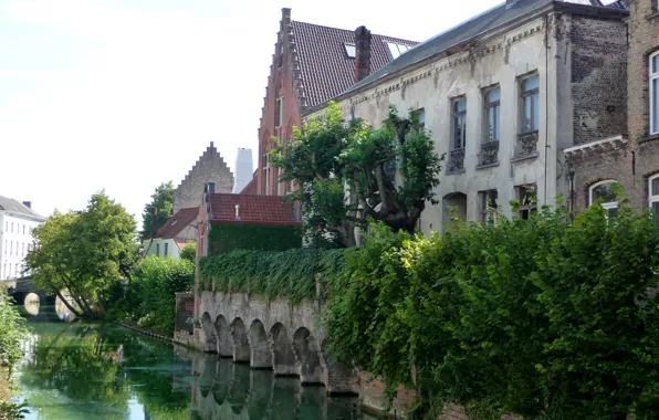 Picture greens, trees, bridge, home, channel, Belgium, the bushes, Bruges