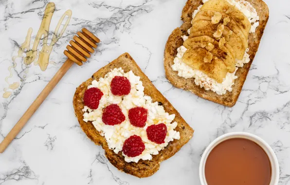 Berries, raspberry, apples, food, bread, bowl, nuts, honey